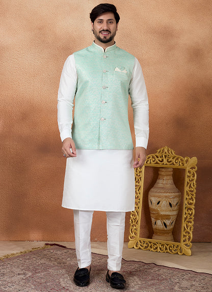 Off White Art Banarasi Silk Pattern Pcs Wedding Wear Readymade Modi Jacket Kurta Pajama SW174074