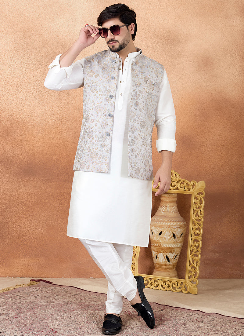 Off White Art Banarasi Silk Pattern Pcs Wedding Wear Readymade Modi Jacket Kurta Pajama SW867906