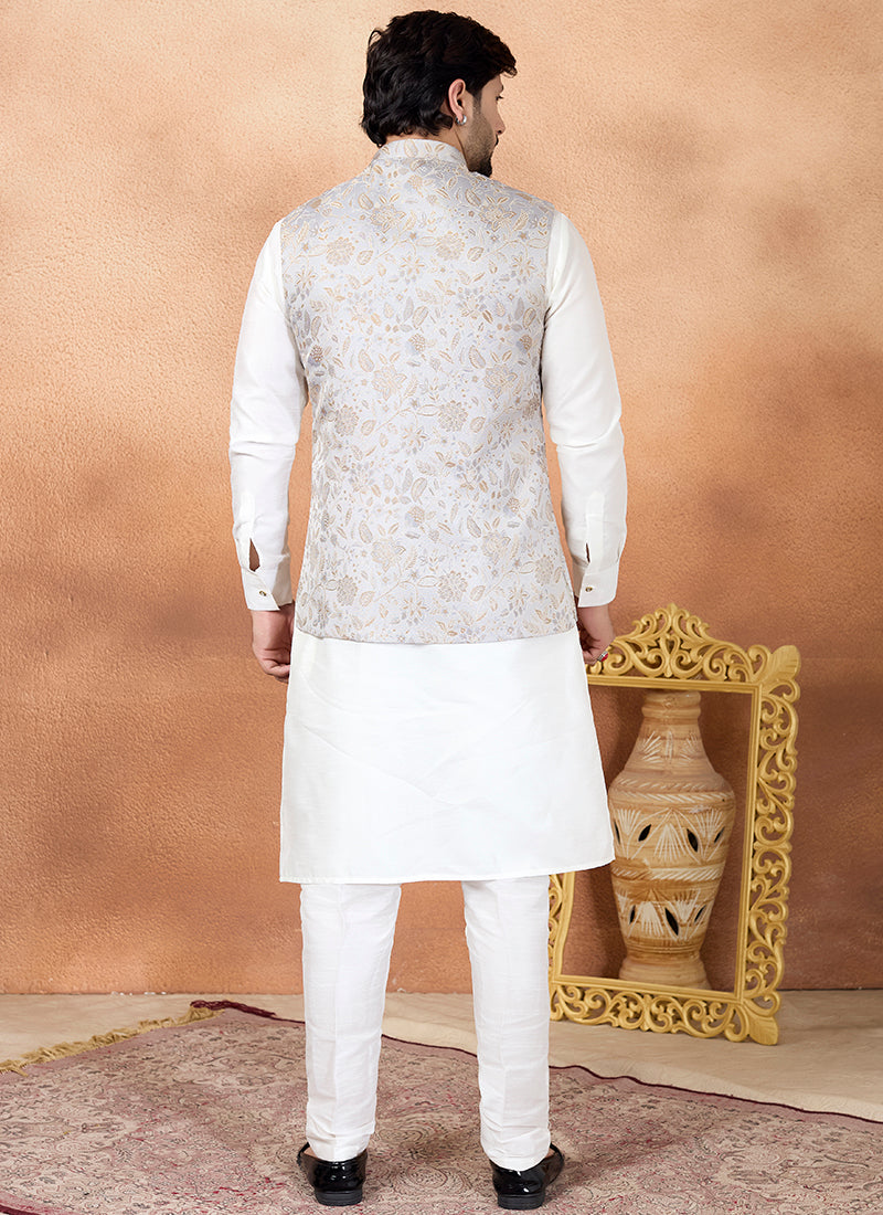 Off White Art Banarasi Silk Pattern Pcs Wedding Wear Readymade Modi Jacket Kurta Pajama SW867906