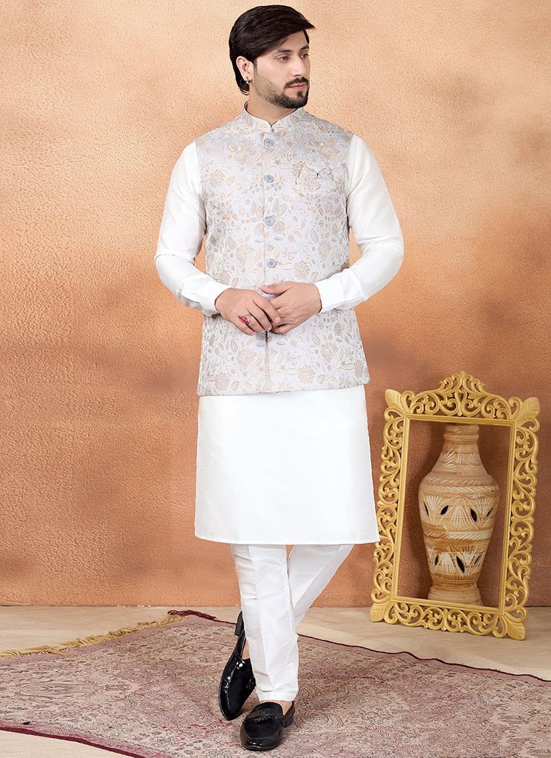 Off White Art Banarasi Silk Pattern Pcs Wedding Wear Readymade Modi Jacket Kurta Pajama SW867906