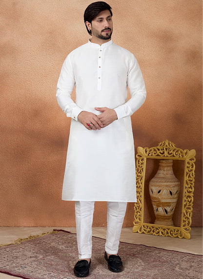 Off White Art Silk Pattern Pcs Occasional Wear Readymade Kurta Pajama SW634382