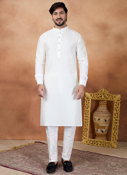 Off White Art Silk Pattern Pcs Occasional Wear Readymade Kurta Pajama SW634382