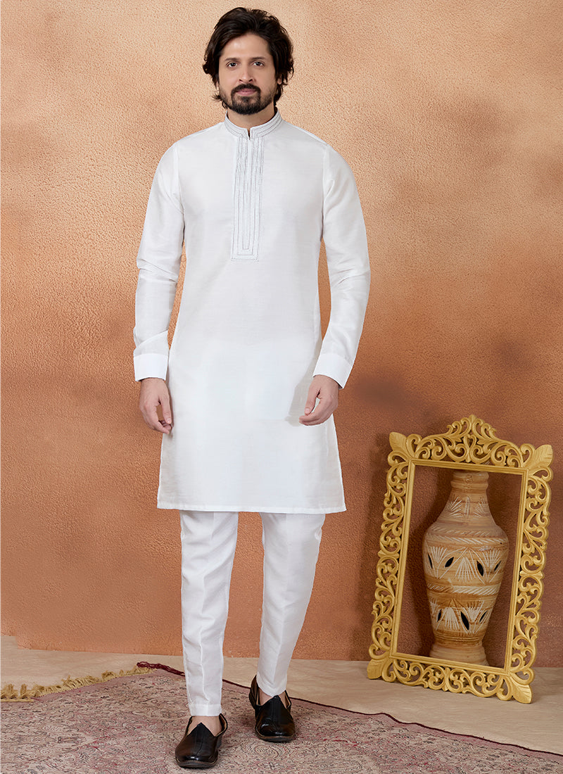 Off White Art Silk Pintux Occasional Wear Readymade Kurta Pajama SW616989