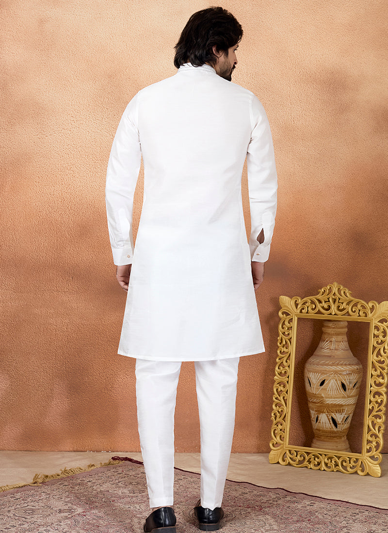 Off White Art Silk Pintux Occasional Wear Readymade Kurta Pajama SW616989