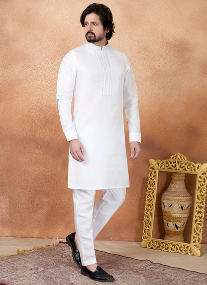Off White Art Silk Pintux Occasional Wear Readymade Kurta Pajama SW616989