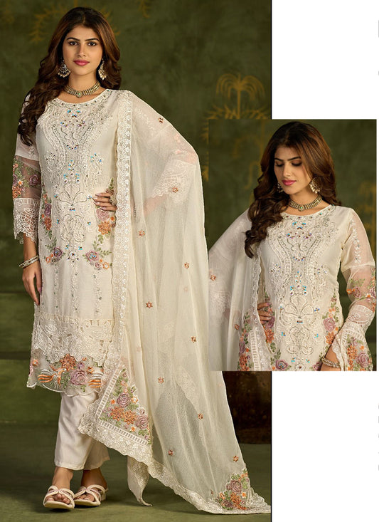 Off White Chiffon Embroidery Work Eid Wear Pakistani Suit SW936076