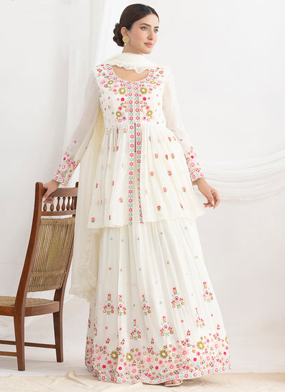 Off White Georgette Beads Work Wedding Wear Readymade Plazzo Suit SW559395