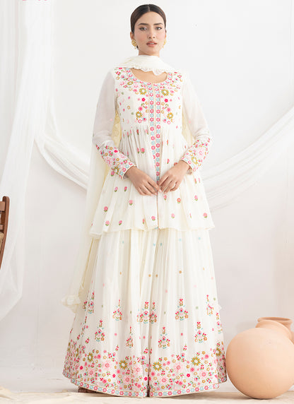 Off White Georgette Beads Work Wedding Wear Readymade Plazzo Suit SW559395