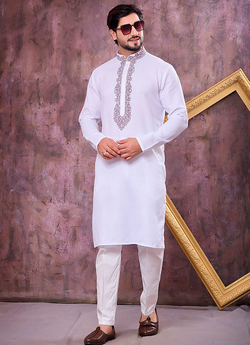 Off White Linen Cotton Embroidery Work Occasional Wear Readymade Kurta Pajama SW615604