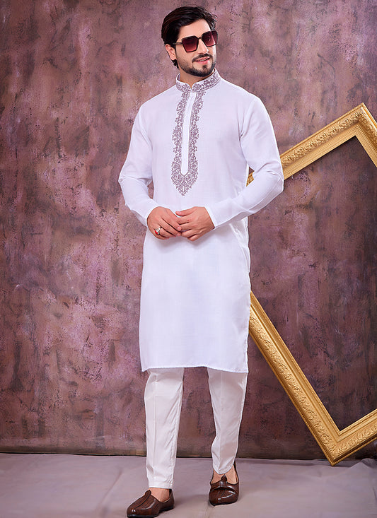 Off White Linen Cotton Embroidery Work Occasional Wear Readymade Kurta Pajama SW615604