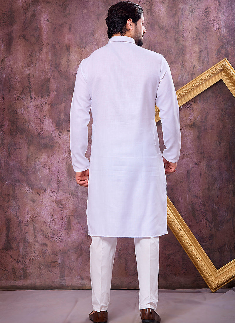 Off White Linen Cotton Embroidery Work Occasional Wear Readymade Kurta Pajama SW615604