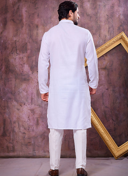 Off White Linen Cotton Embroidery Work Occasional Wear Readymade Kurta Pajama SW615604