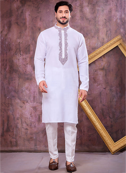 Off White Linen Cotton Embroidery Work Occasional Wear Readymade Kurta Pajama SW615604