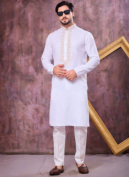 Off White Linen Cotton Embroidery Work Occasional Wear Readymade Kurta Pajama SW894227
