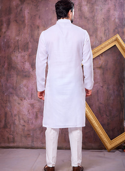 Off White Linen Cotton Embroidery Work Occasional Wear Readymade Kurta Pajama SW894227