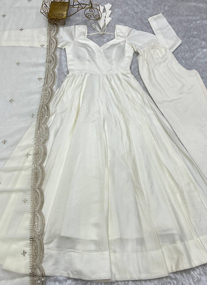 Off White Roman Silk Plain Work Party Wear Readymade Gown SW867470