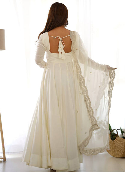 Off White Roman Silk Plain Work Party Wear Readymade Gown SW867470