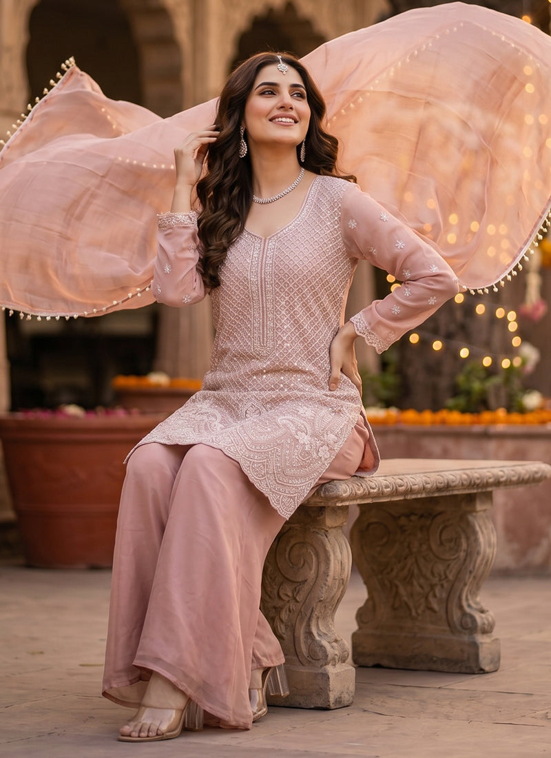 Onion Chinon Silk Embroidery Work Party Wear Readymade Plazzo Suit SW796494