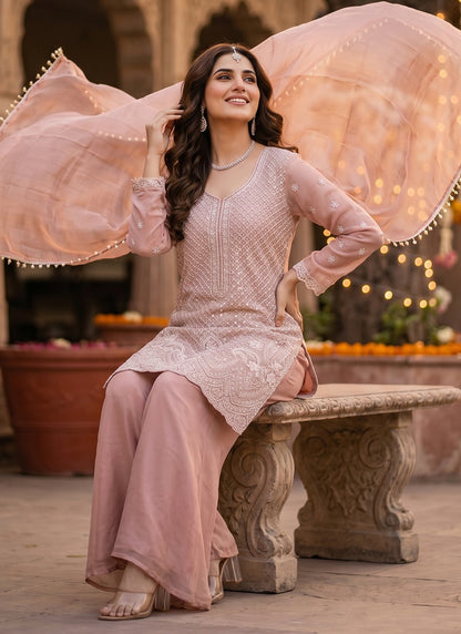 Onion Chinon Silk Embroidery Work Party Wear Readymade Plazzo Suit SW796494