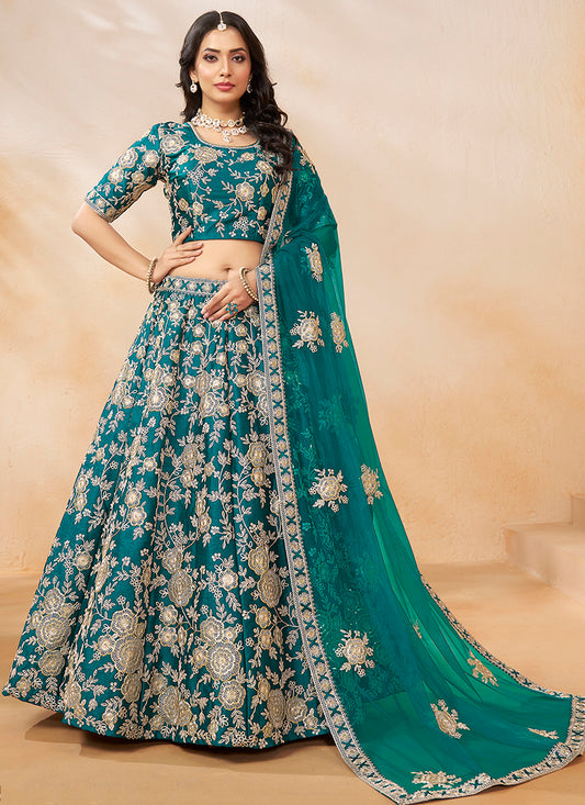386703 Art Silk Ocean Blue Wedding Wear Zari Embroidery Work Lehenga Choli