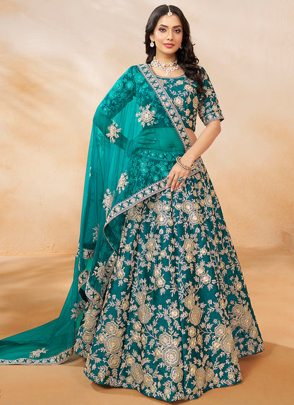 386703 Art Silk Ocean Blue Wedding Wear Zari Embroidery Work Lehenga Choli