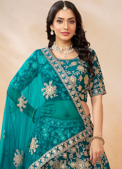 386703 Art Silk Ocean Blue Wedding Wear Zari Embroidery Work Lehenga Choli