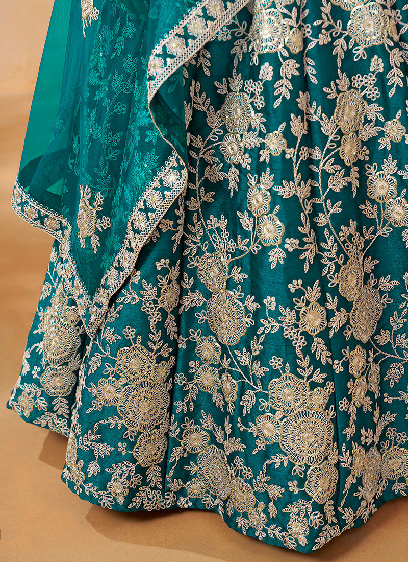 386703 Art Silk Ocean Blue Wedding Wear Zari Embroidery Work Lehenga Choli