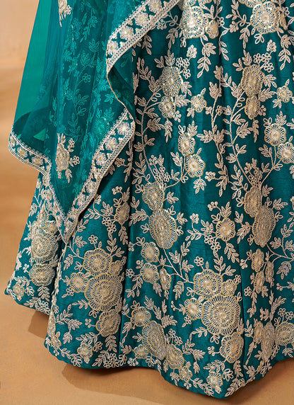 386703 Art Silk Ocean Blue Wedding Wear Zari Embroidery Work Lehenga Choli