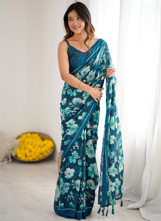 Moss Satin Patta Ocean Blue Daily Wear Floral Print Work Saree 388518