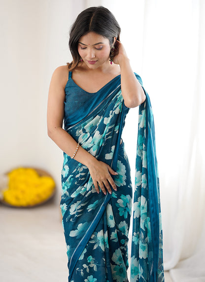 Moss Satin Patta Ocean Blue Daily Wear Floral Print Work Saree 388518
