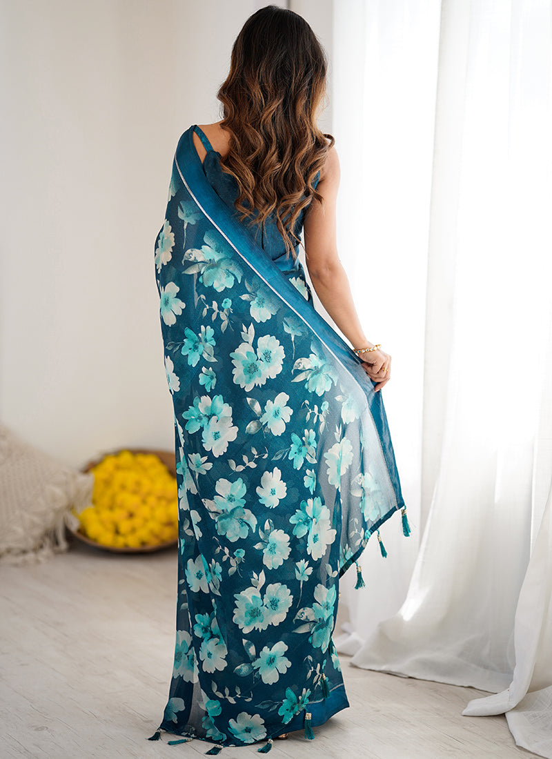 Moss Satin Patta Ocean Blue Daily Wear Floral Print Work Saree 388518