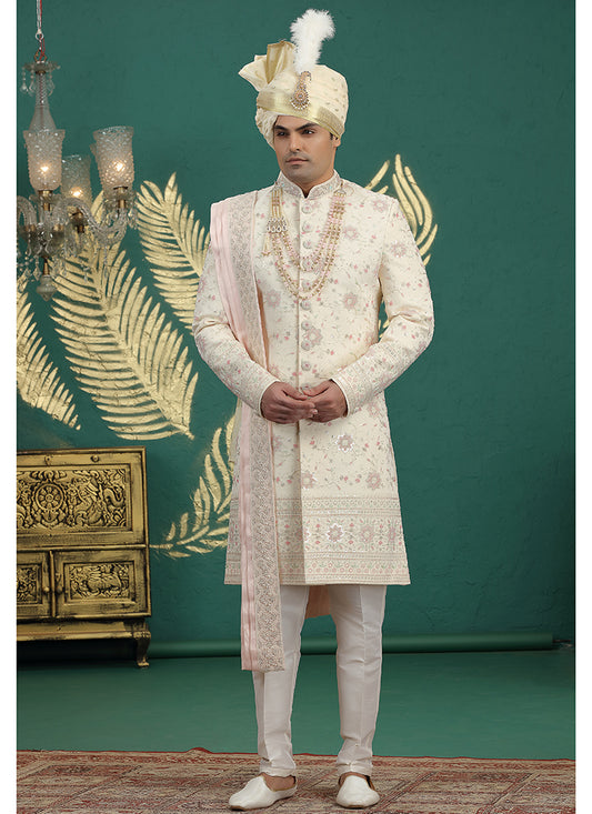 Art Silk Off White Groom Wear Thread Work Readymade Groom Sherwani 385481