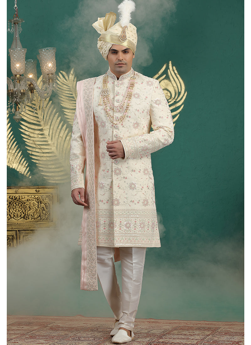 Art Silk Off White Groom Wear Thread Work Readymade Groom Sherwani 385481