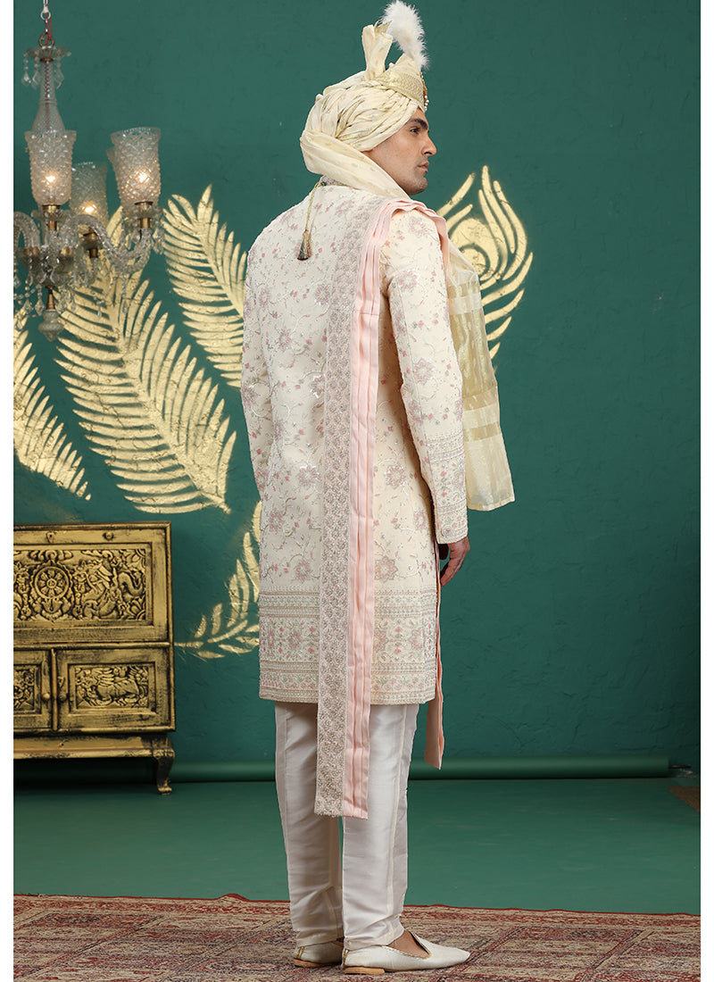 Art Silk Off White Groom Wear Thread Work Readymade Groom Sherwani 385481