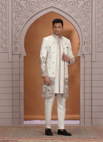 Art Silk Off White Wedding Wear Embroidery Work Readymade Indo Western Sherwani 386011