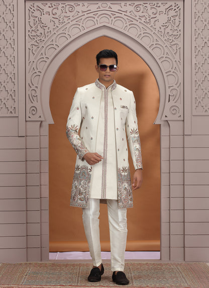 Art Silk Off White Wedding Wear Embroidery Work Readymade Indo Western Sherwani 386011