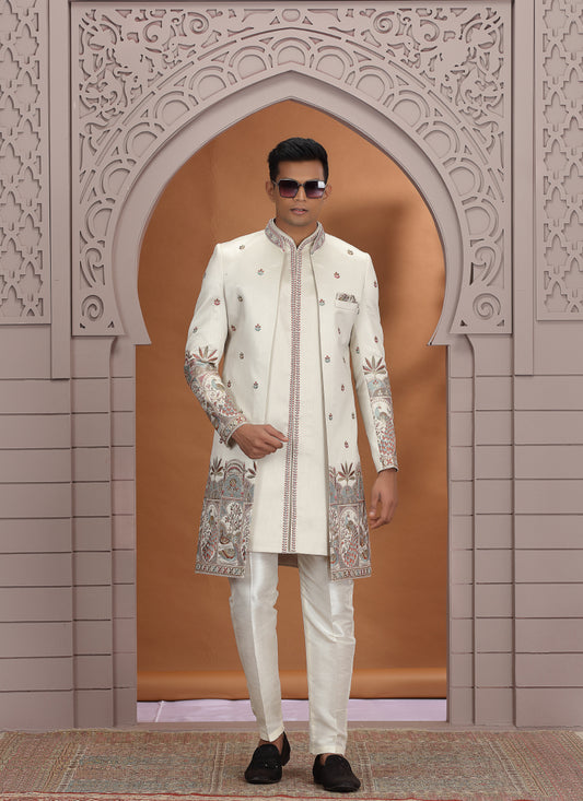 Art Silk Off White Wedding Wear Embroidery Work Readymade Indo Western Sherwani 386011