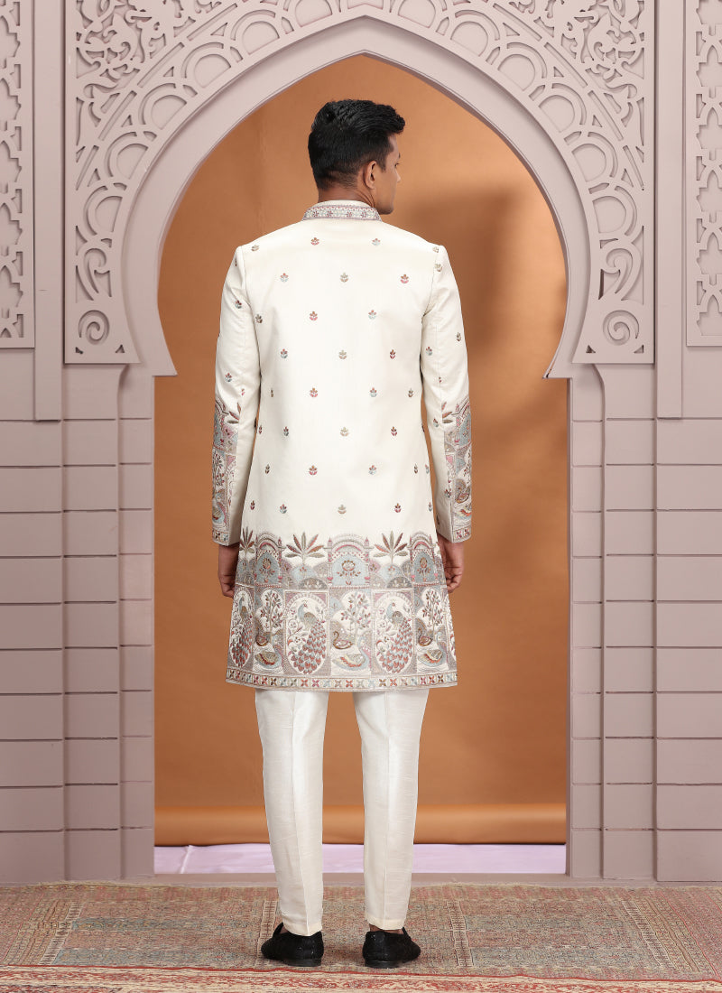 Art Silk Off White Wedding Wear Embroidery Work Readymade Indo Western Sherwani 386011