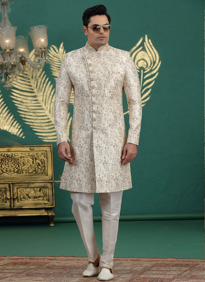 Art Silk Off White Wedding Wear Hand Embroidery Readymade Groom Sherwani 386003