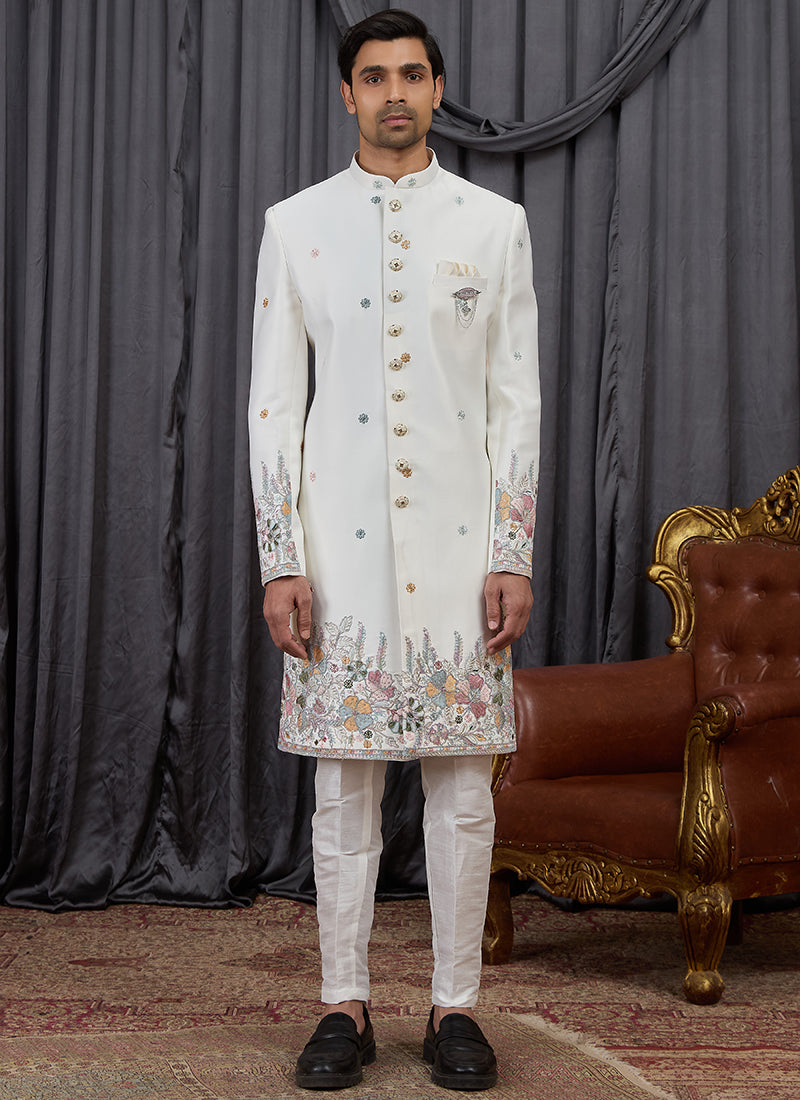 Off White Art Silk Patten Pcs Wedding Wear Readymade Indowestern Suit SW896146