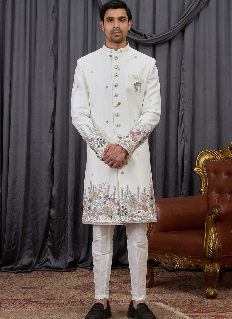 Off White Art Silk Patten Pcs Wedding Wear Readymade Indowestern Suit SW896146