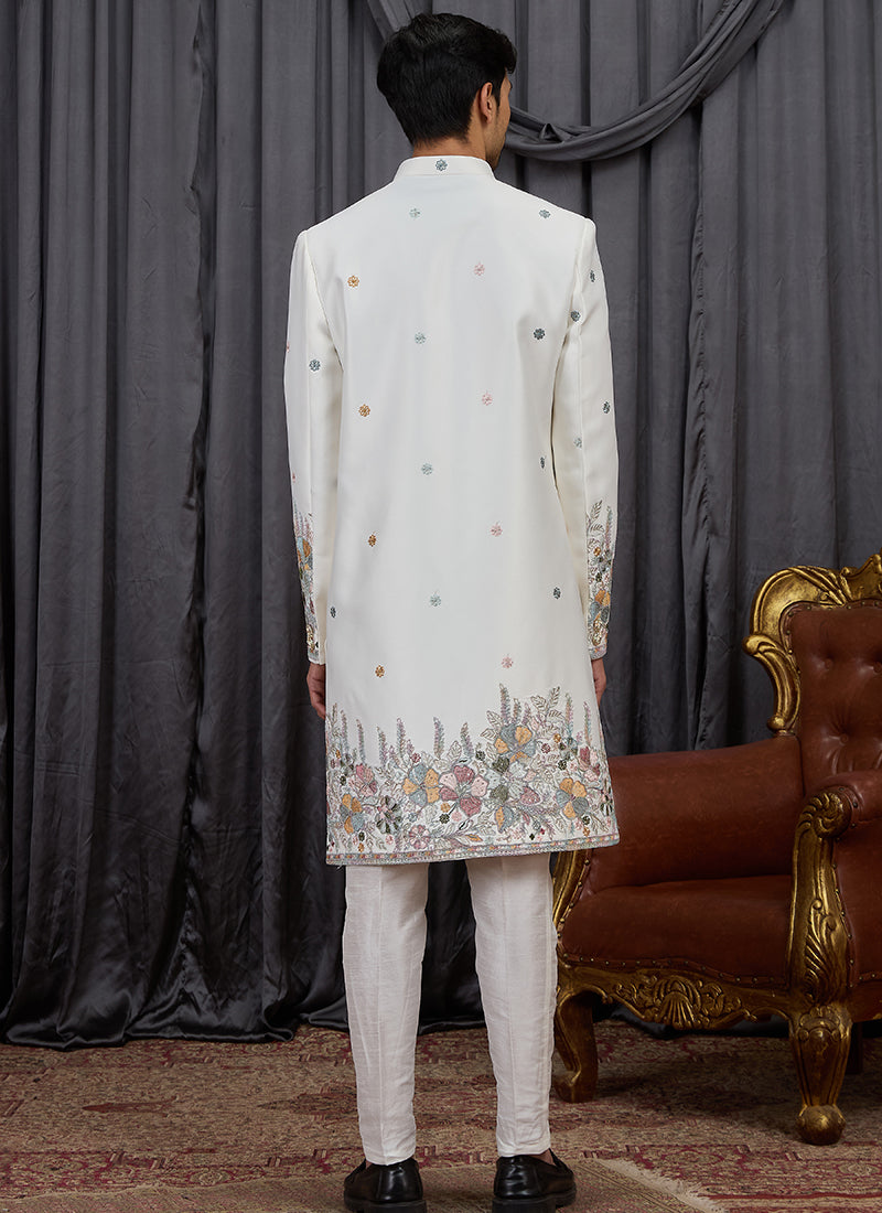 Off White Art Silk Patten Pcs Wedding Wear Readymade Indowestern Suit SW896146