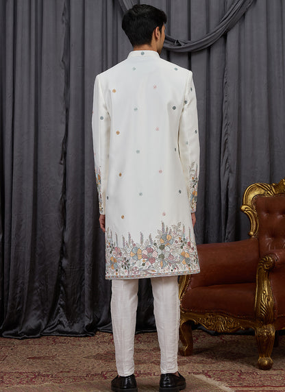 Off White Art Silk Patten Pcs Wedding Wear Readymade Indowestern Suit SW896146