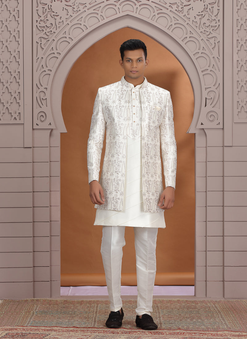 Art Silk Off White Wedding Wear Pattern Pc Work Readymade Indo Western Sherwani 386017