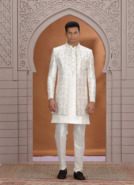 Art Silk Off White Wedding Wear Pattern Pc Work Readymade Indo Western Sherwani 386017