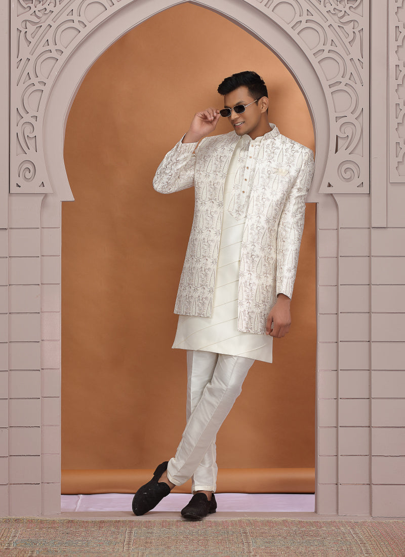 Art Silk Off White Wedding Wear Pattern Pc Work Readymade Indo Western Sherwani 386017