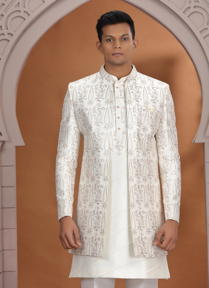 Art Silk Off White Wedding Wear Pattern Pc Work Readymade Indo Western Sherwani 386017