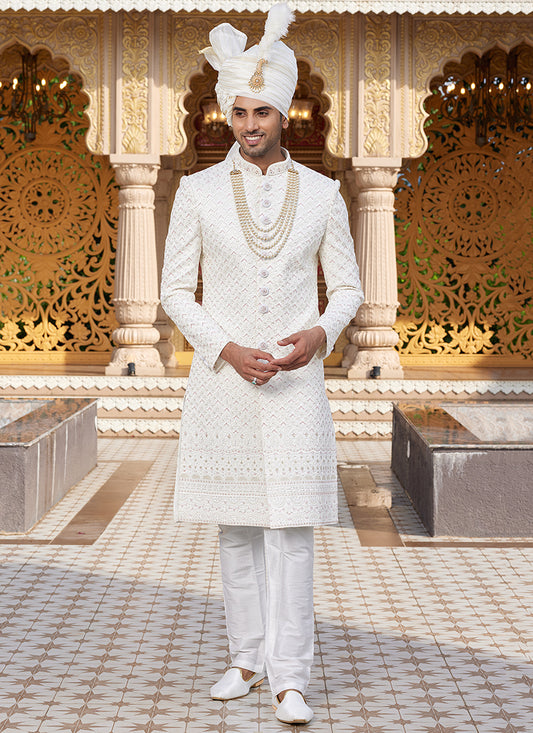 Off White Art Silk Thread Work Wedding Wear Readymade Indo Western Sherwani SW399790