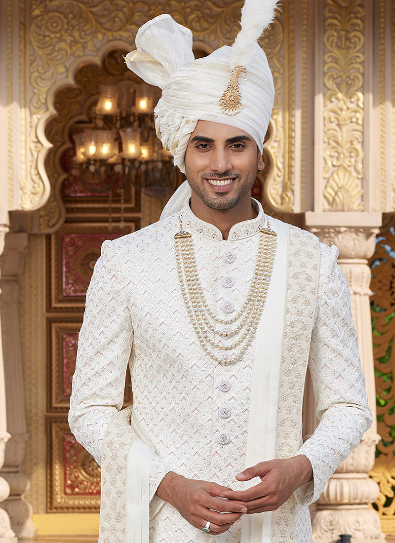 Off White Art Silk Thread Work Wedding Wear Readymade Indo Western Sherwani SW399790