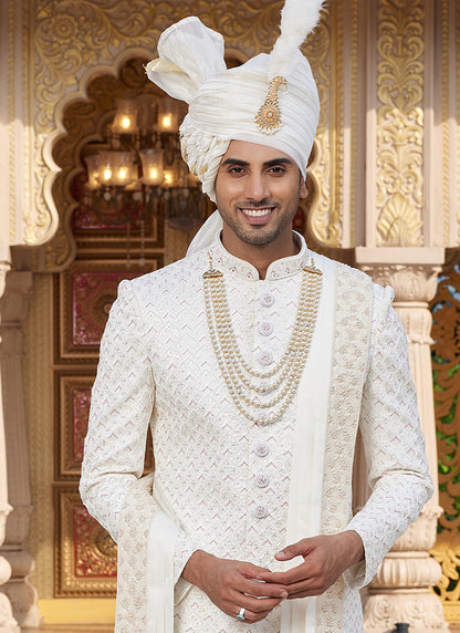 Off White Art Silk Thread Work Wedding Wear Readymade Indo Western Sherwani SW399790